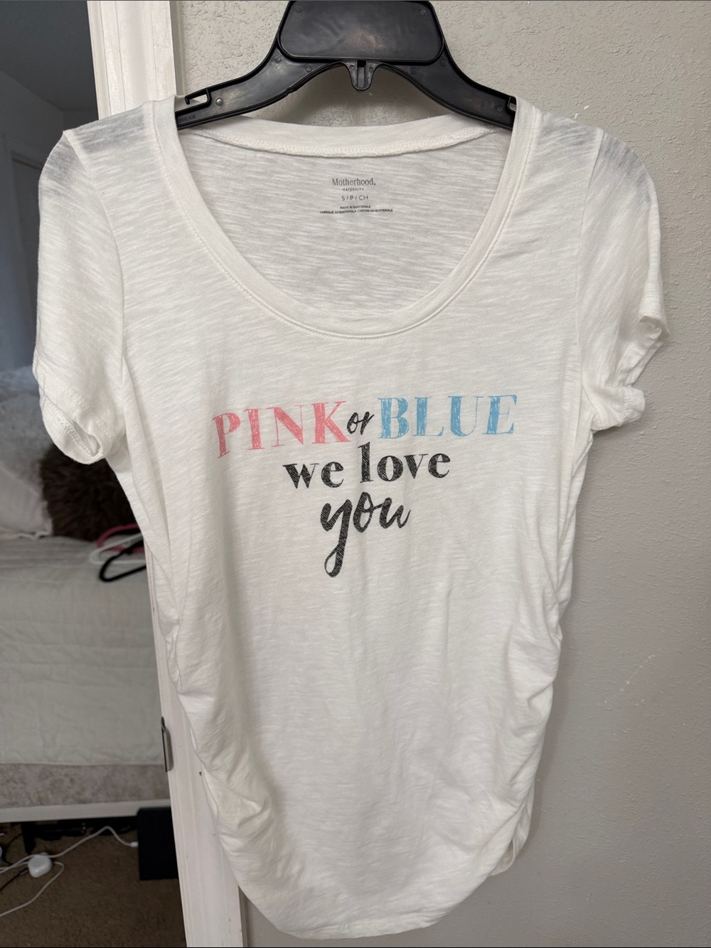 Motherhood Maternity White Scoop Neck Tee with Pink & Blue Text
